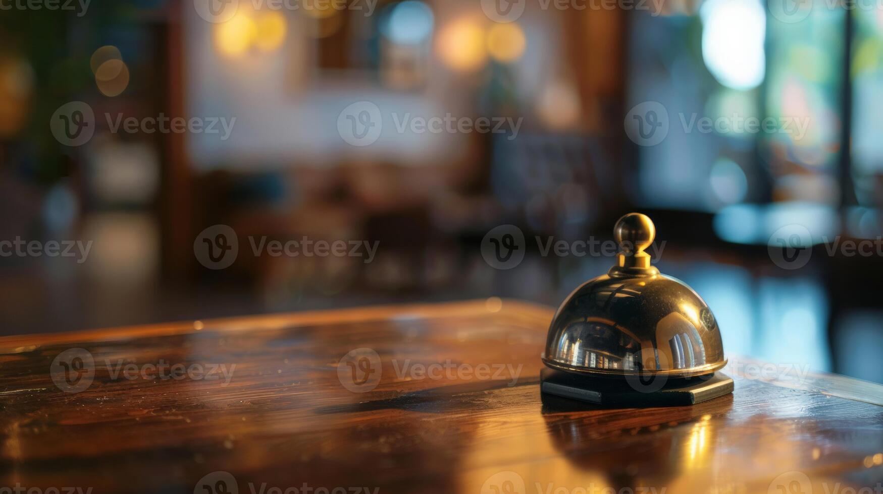 A service bell sits on a polished wooden reception desk within a warmly lit, cozy hotel lobby, depicting hospitality, travel, and customer service concepts photo