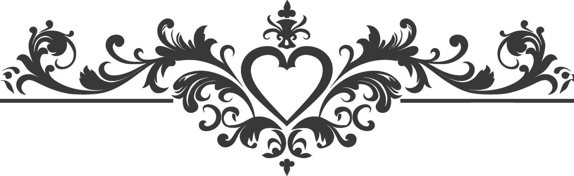 Silhouette horizontal line divider with Hearth shape ornament black color only vector