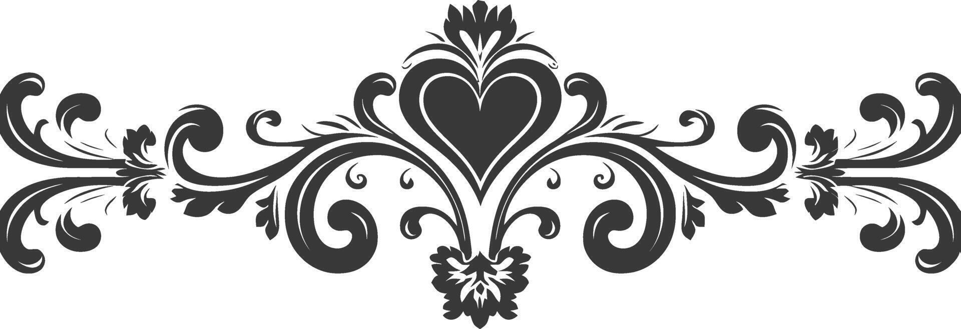 Silhouette horizontal line divider with Hearth shape ornament black color only vector