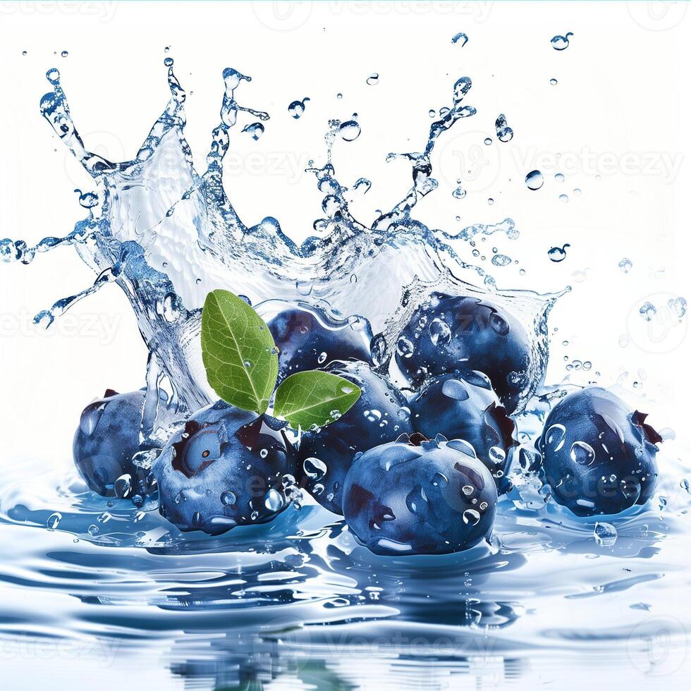 Fresh blueberries with water splash isolated on white background, depicting healthy eating and summer refreshments photo