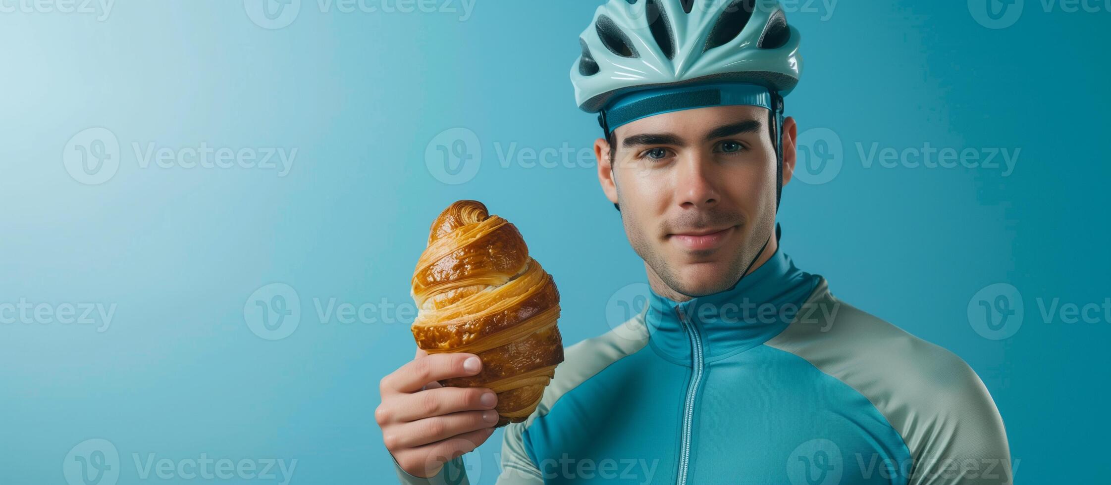 caucásico masculino ciclista en un azul jersey y casco participación un dorado cuerno, representando sano estilo de vida versus indulgencia, Perfecto para mundo bicicleta día o nacional cuerno día foto