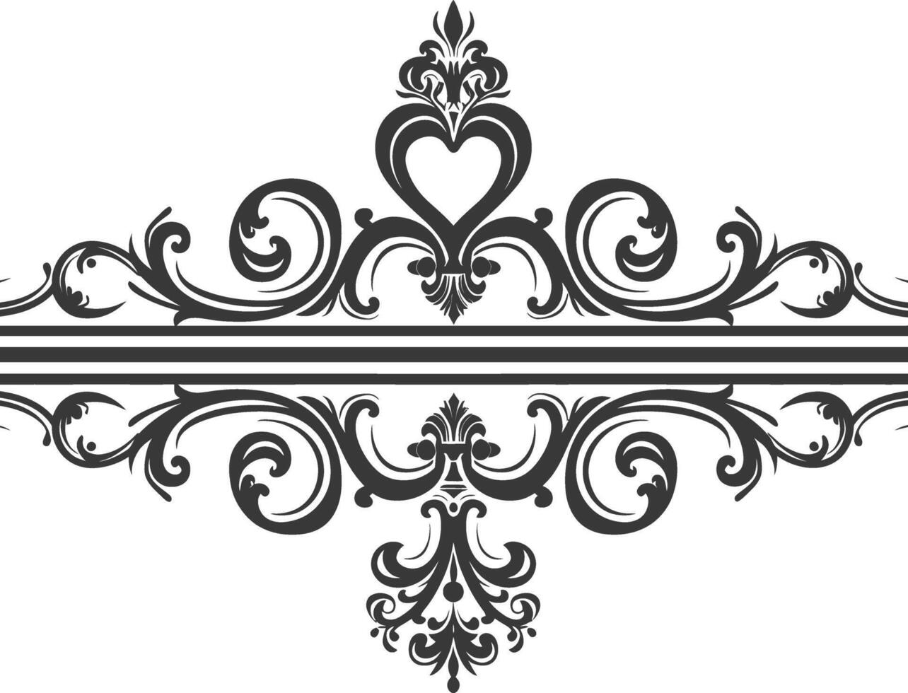 Silhouette horizontal line divider with Hearth shape ornament black color only vector