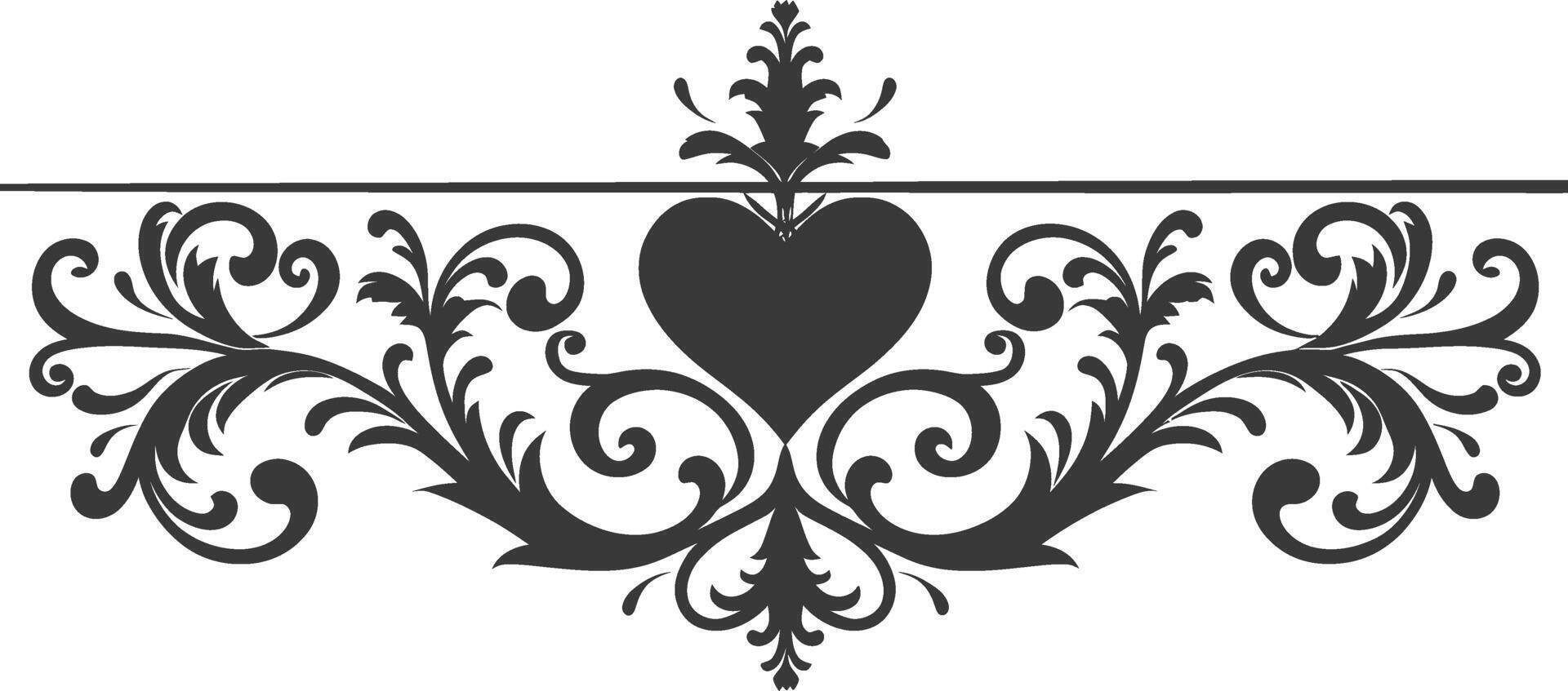 Silhouette horizontal line divider with Hearth shape ornament black color only vector