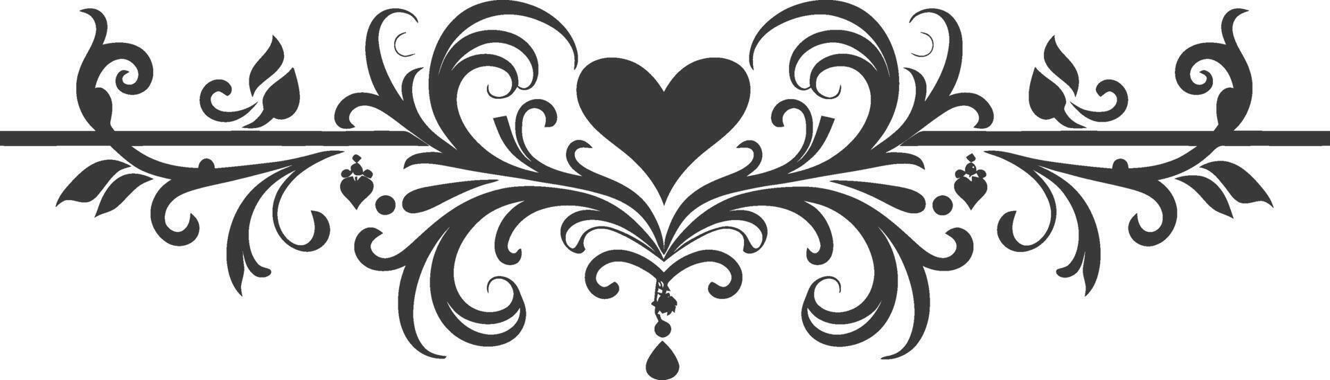 Silhouette horizontal line divider with Hearth shape ornament black color only vector