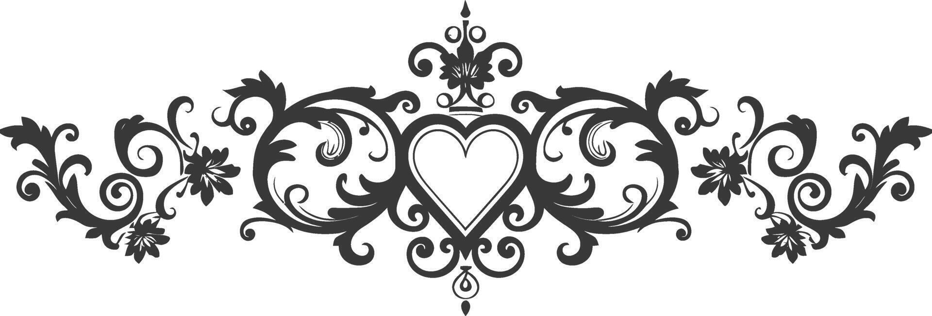 Silhouette horizontal line divider with Hearth shape ornament black color only vector