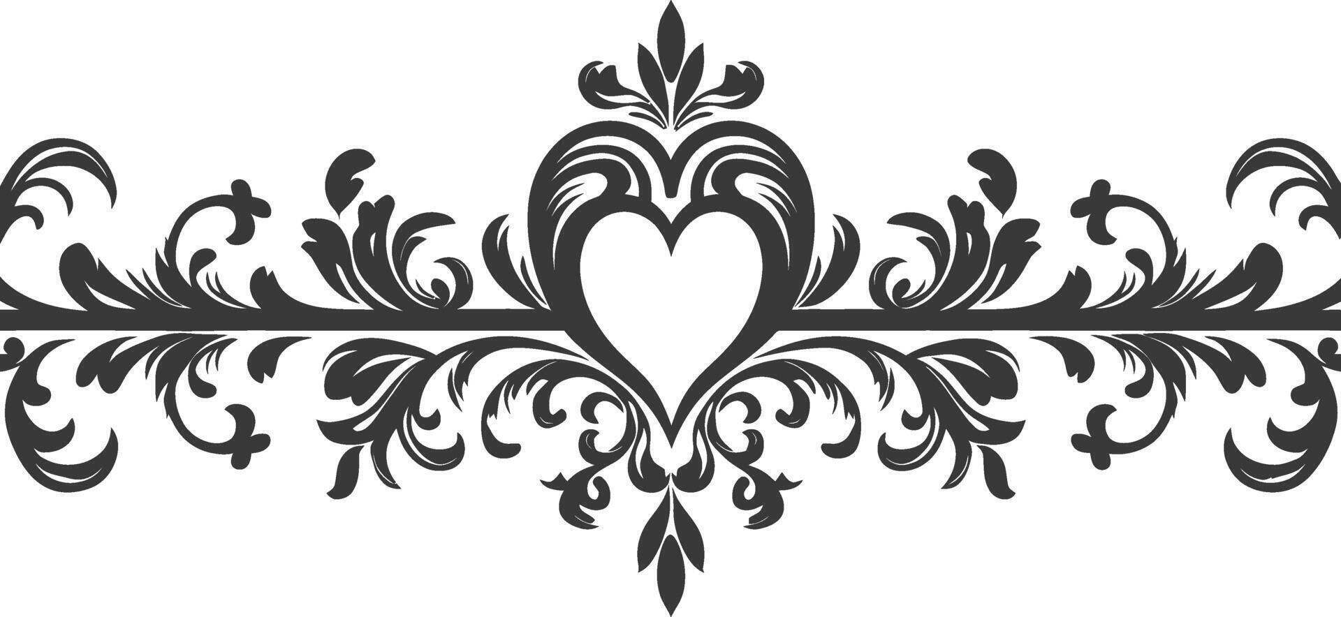 Silhouette horizontal line divider with Hearth shape ornament black color only vector