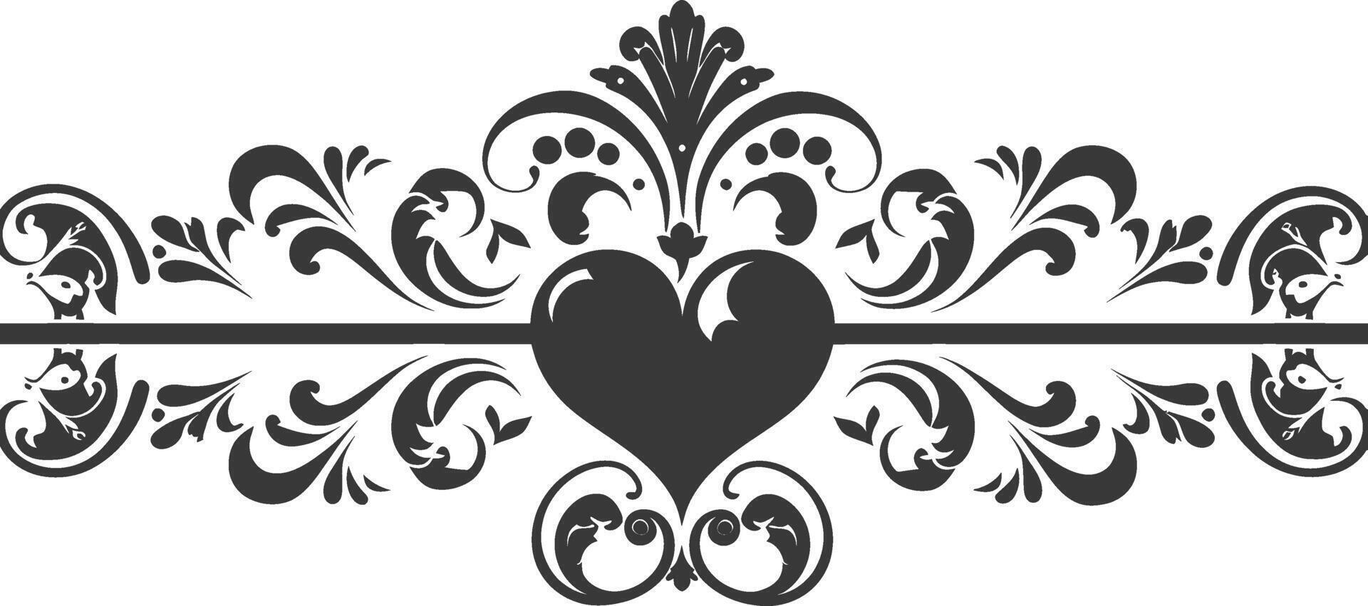 Silhouette horizontal line divider with Hearth shape ornament black color only vector