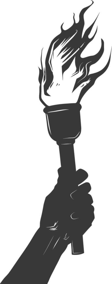 Silhouette hand holding burning torch black color only vector