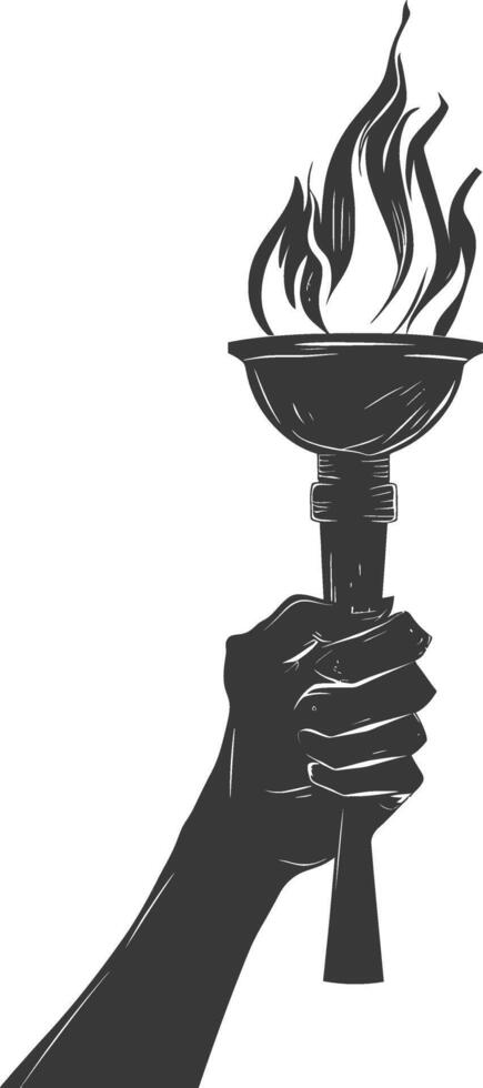 Silhouette hand holding burning torch black color only vector