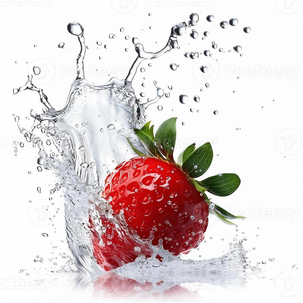 Fresh ripe strawberry with water splashes isolated on white background, ideal for food, health, and summer concepts photo