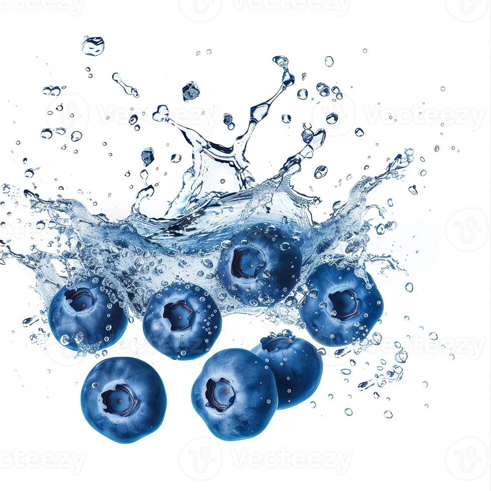 Fresh blueberries splashing into water with droplets flying, representing concepts like healthy eating, summer refreshment, and antioxidant rich foods photo