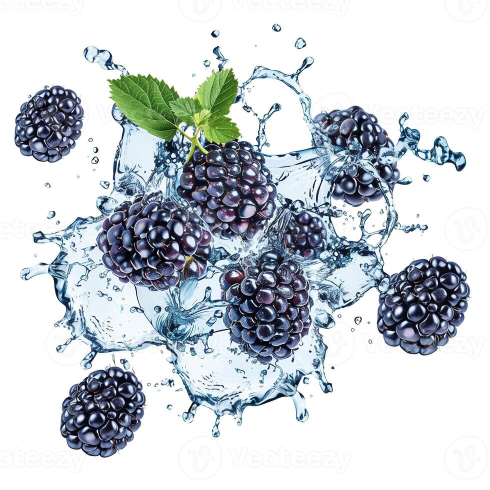 Fresh blackberries with splashing water and green leaves isolated on white background, concept for healthy eating, summer fruits, and refreshing beverages photo