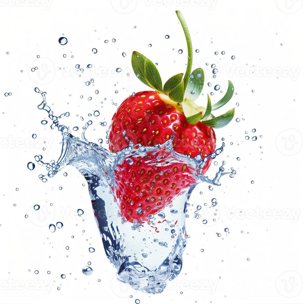 Fresh ripe strawberry splashing into crystal clear water, perfect for healthy lifestyle concepts and summer refreshment themes photo