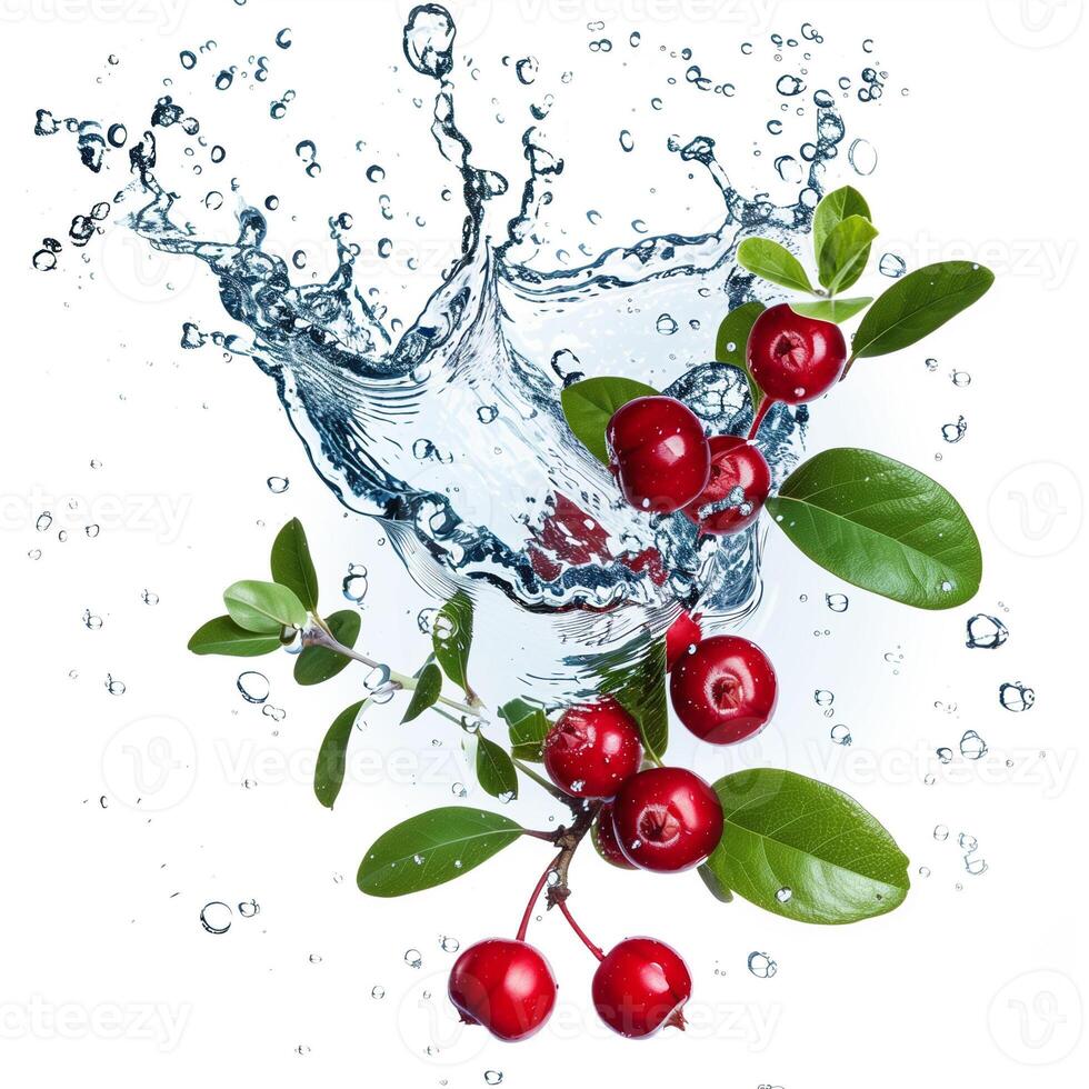 Fresh cherries with green leaves splashing into water with dynamic droplets, isolated on a white background, related to healthy eating and summer photo