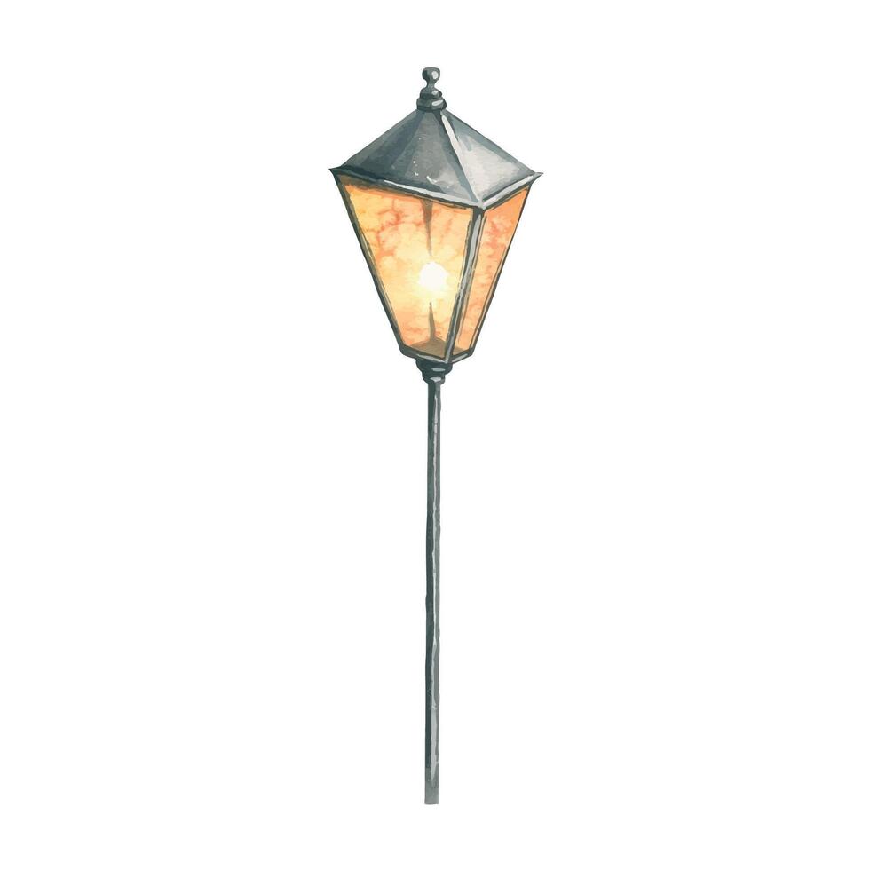 Watercolor illustration of a street lamp. A burning lantern on a pole, simple, black, isolated. For decoration, design, postcards, prints, wallpaper vector