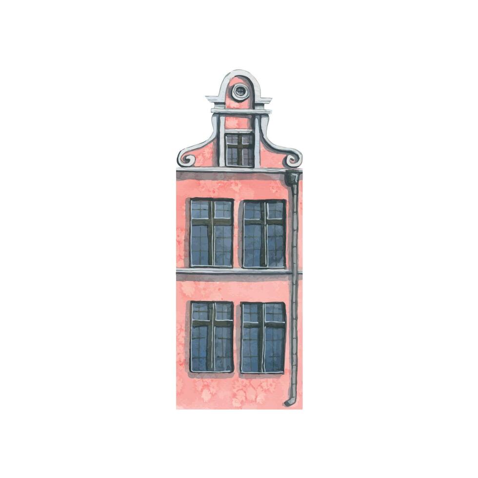 Watercolor illustration of the house of the old European city. Isolated. Pink. For decoration vector