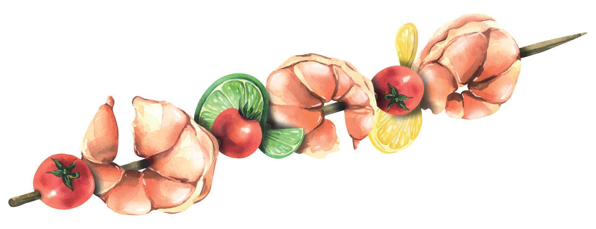 camarón en un de madera brocheta con Cereza Tomates, Lima y limón. acuarela ilustración. composición desde el camarón recopilación. para decoración y diseño de menús, recetas, café, huellas dactilares, embalaje. vector