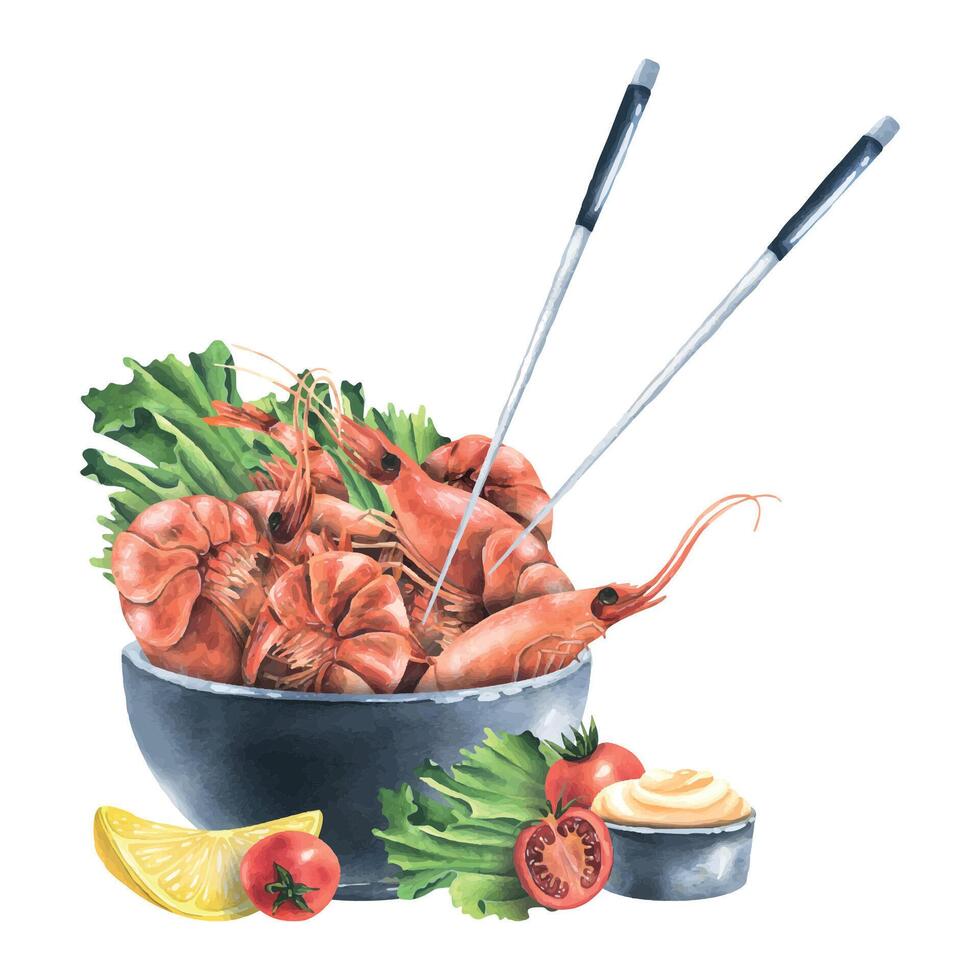 Boiled shrimp in a ceramic bowl with lettuce leaves, lemon, cherry tomatoes, sauce and Chinese chopsticks. Watercolor illustration. Composition from the SHRIMP collection. For decoration and design. vector