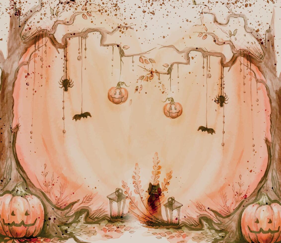 A creepy landscape of the autumn forest in brown and ochre colors, with a cat, pumpkins, trees, a spider. Watercolor illustration. Background for decoration and design for Halloween. vector
