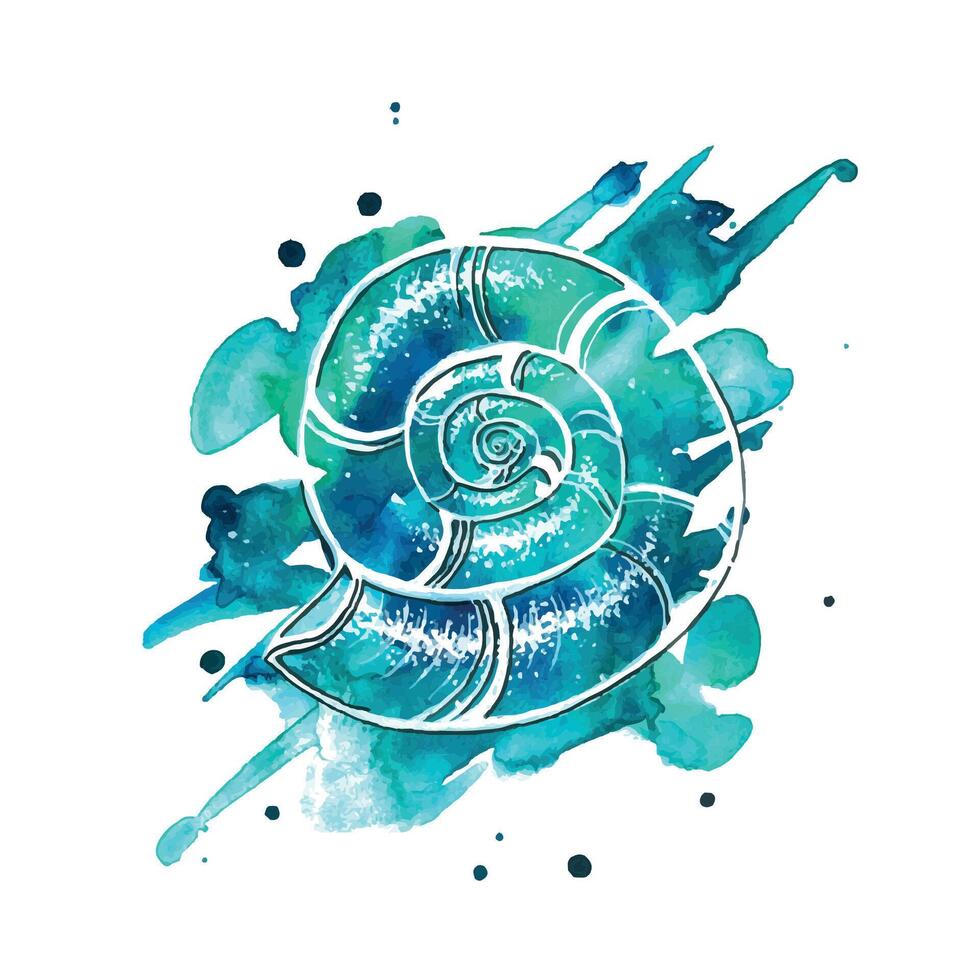 Watercolor illustration with graphics. A hand-drawn blue shell with splashes and spots. An abstract isolated object. For print, poster, postcard, interior decoration, design vector