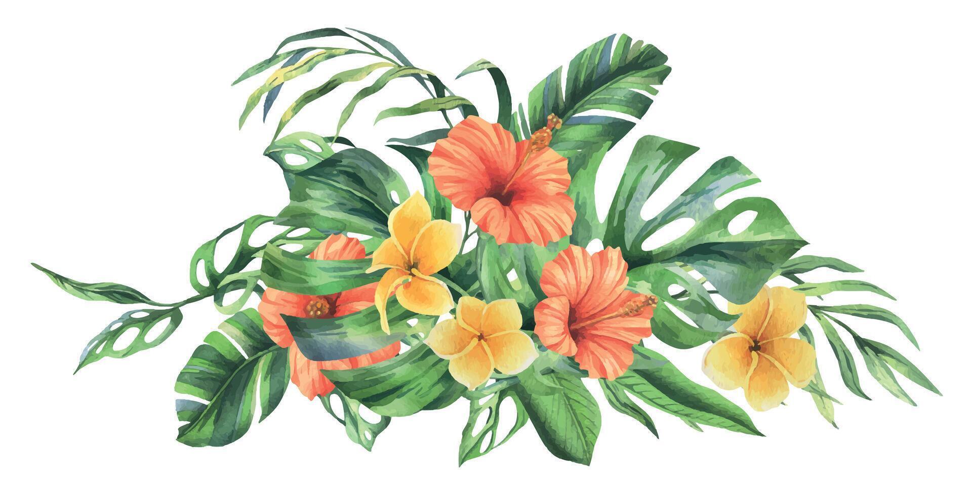 Tropical palm leaves, monstera and flowers of plumeria, hibiscus, bright juicy. Hand drawn watercolor botanical illustration. Composition isolated from the background. vector