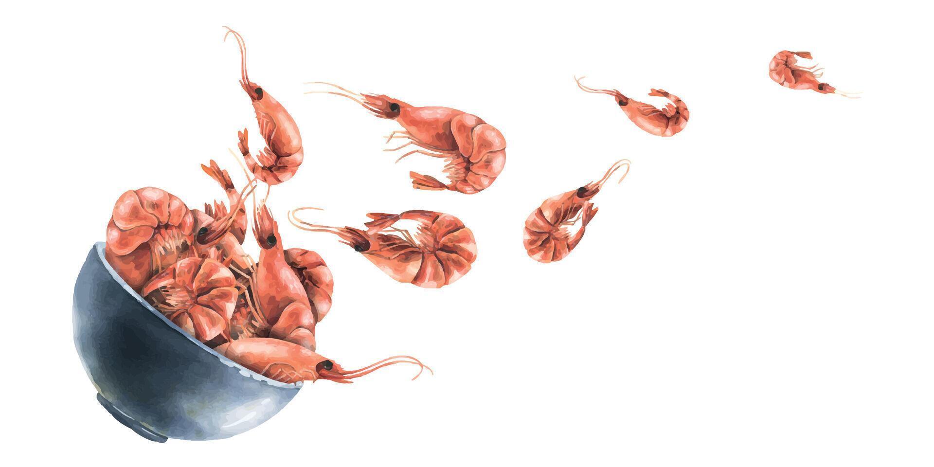 Boiled unpeeled shrimp in a ceramic bowl levitating. Watercolor illustration. Composition from the SHRIMP collection. For the design and design of menus, recipes, packaging, cafes, restaurants vector