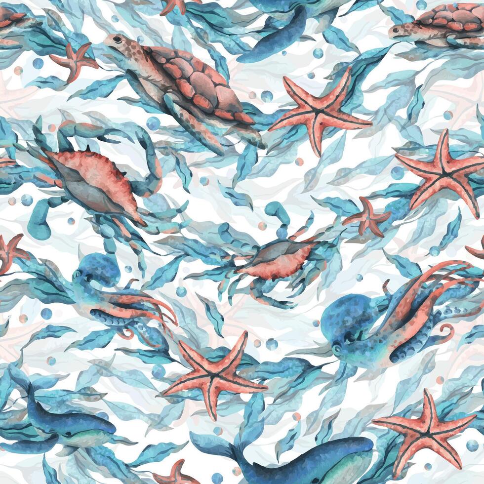 Octopuses, turtles, whales, jellyfish, seaweed in the shape of a wave with starfish and water bubbles. Watercolor illustration hand drawn in turquoise and coral colors. Seamless pattern. vector