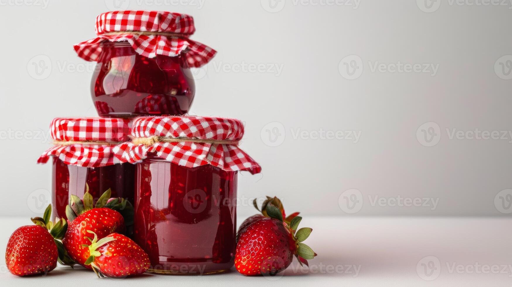 stack of homemade strawberry jam jars, gingham lids, isolated on a white background photo