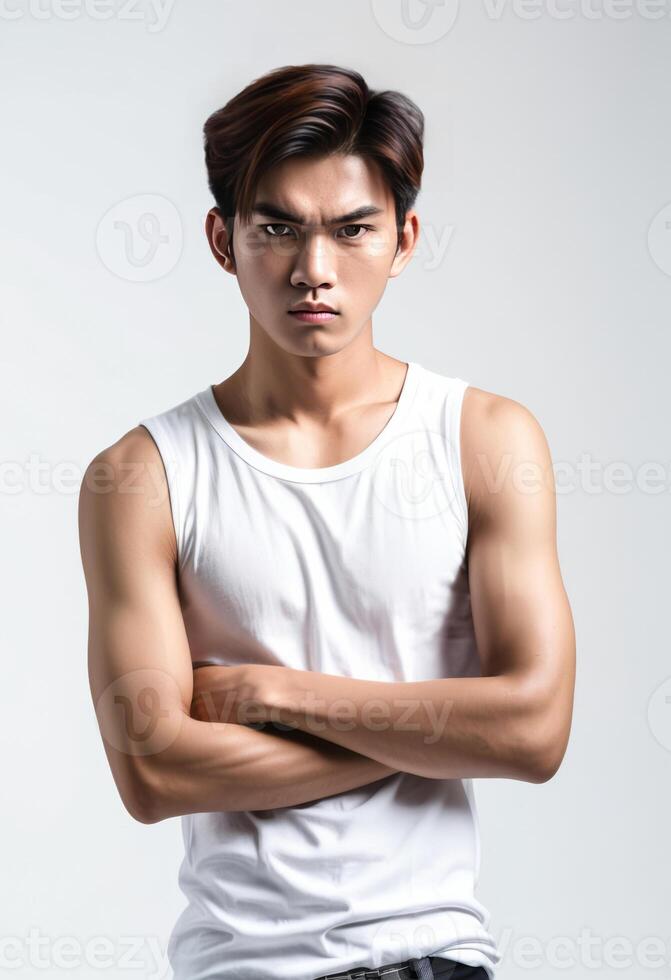 asiático masculino con un grave expresión, vistiendo un blanco tanque arriba, brazos cruzado, en un gris fondo, adecuado para masculinidad y aptitud conceptos foto