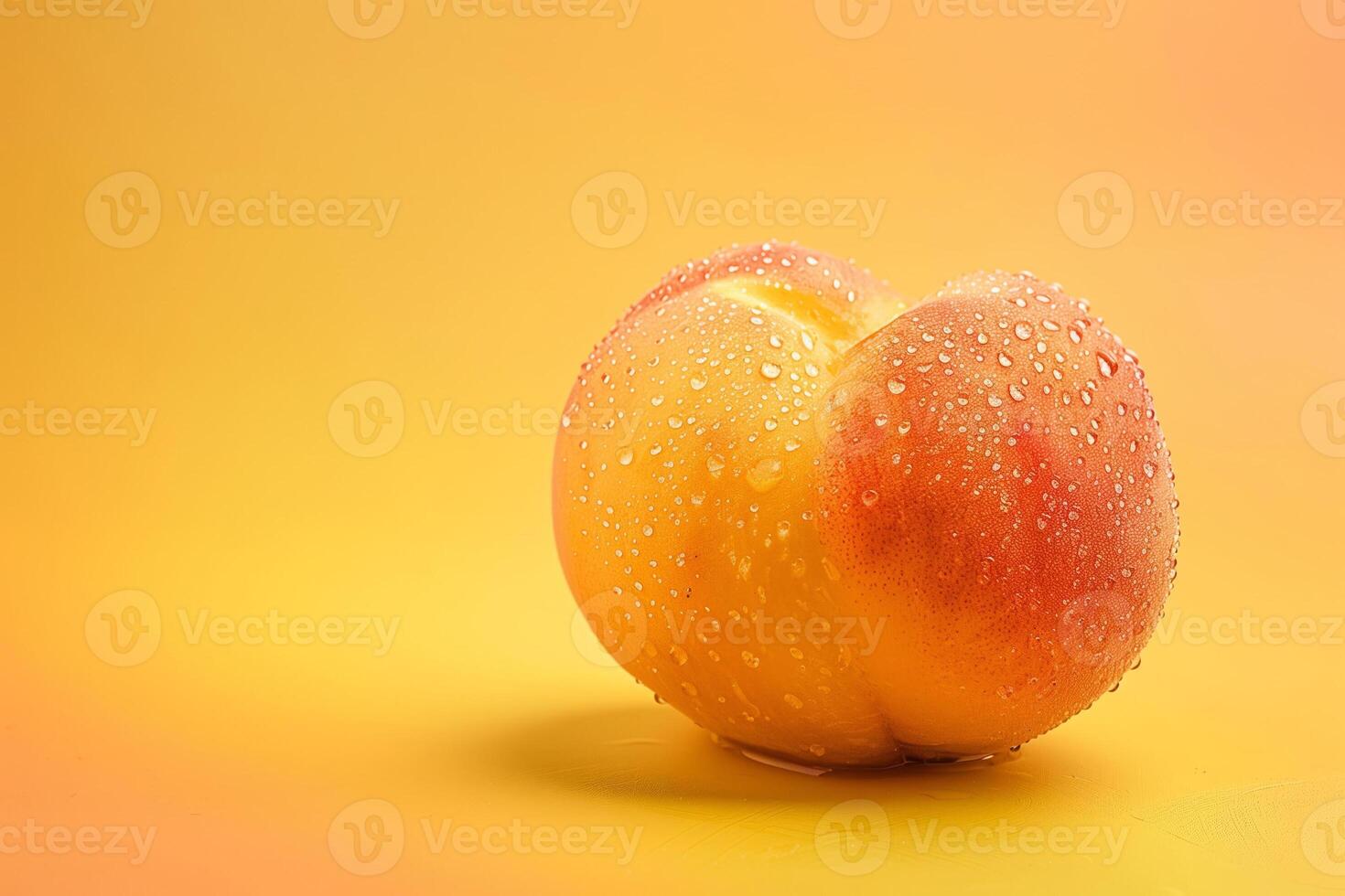 single peach with water drops isolated on a warm yellow gradient background photo
