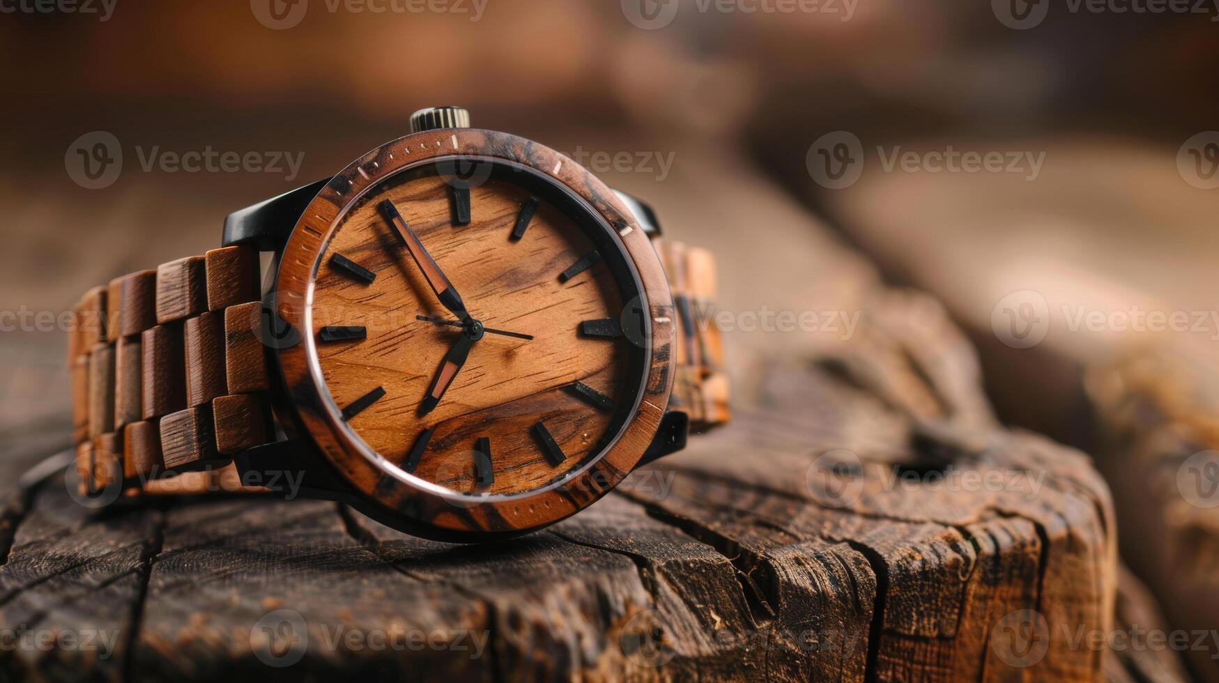handcrafted wooden watch on a rustic table, focus on intricate grain details photo