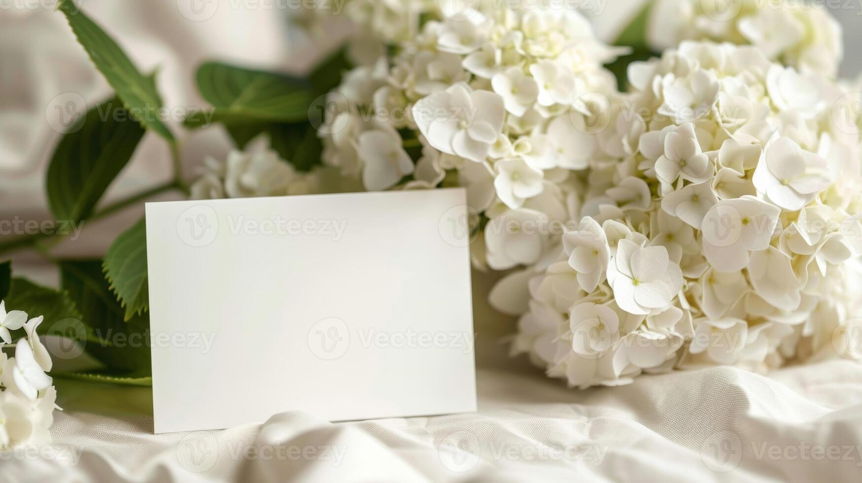 Bosquejo de un blanco tarjeta junto a blanco hortensia ramo, suave pastel tonos foto