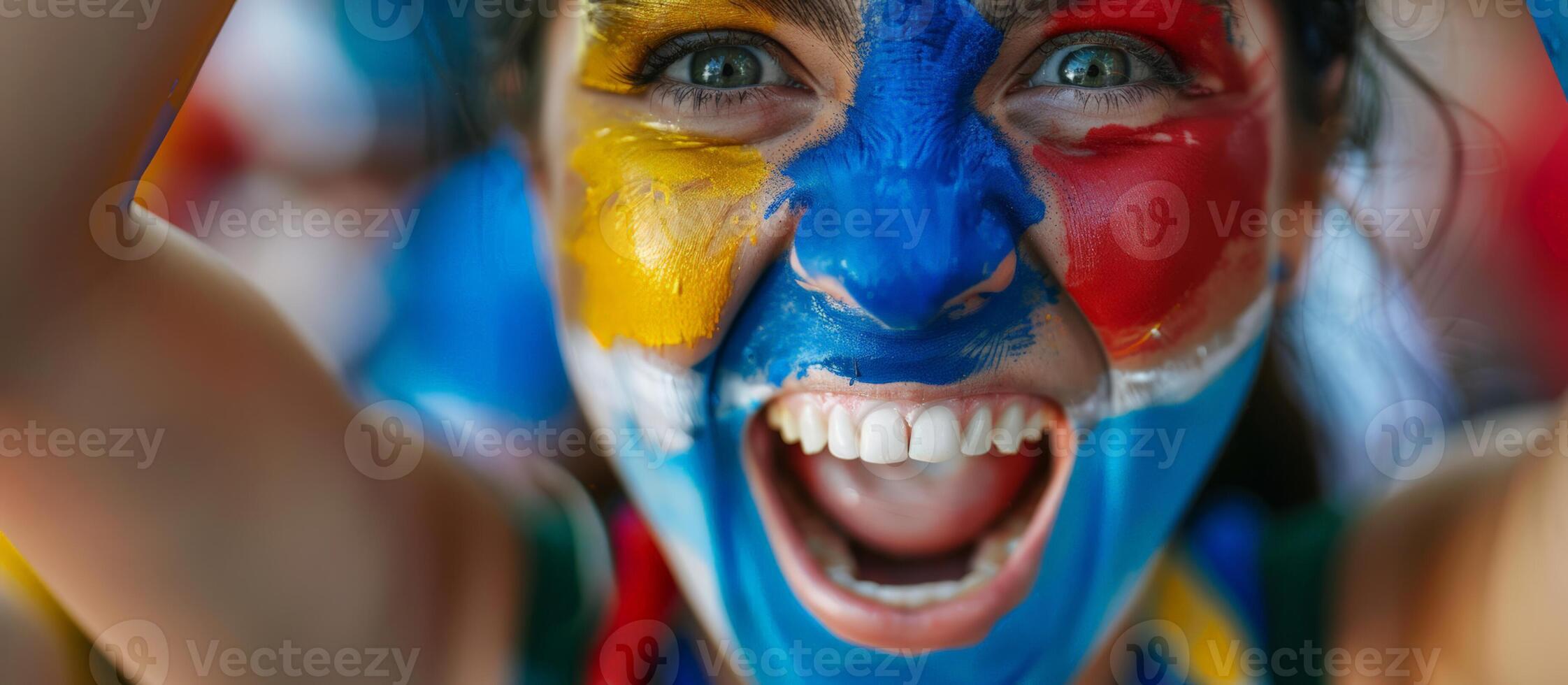 Joyful woman with face painted in vibrant colors, celebrating Holi Festival, expressing happiness and cultural diversity photo