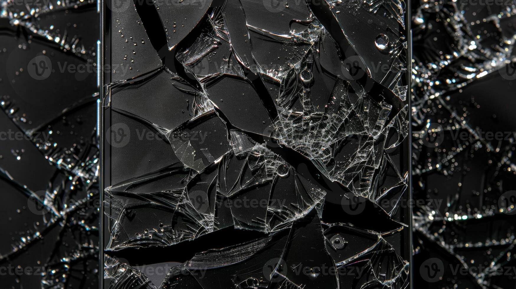 cracked smartphone screen isolated on a black background, technology failure photo