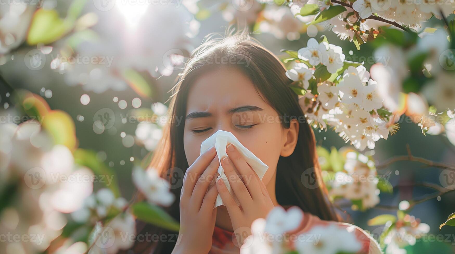 Stock photo style, young woman sneezing into a tissue surrounded by blooming flowers concept of spring allergies