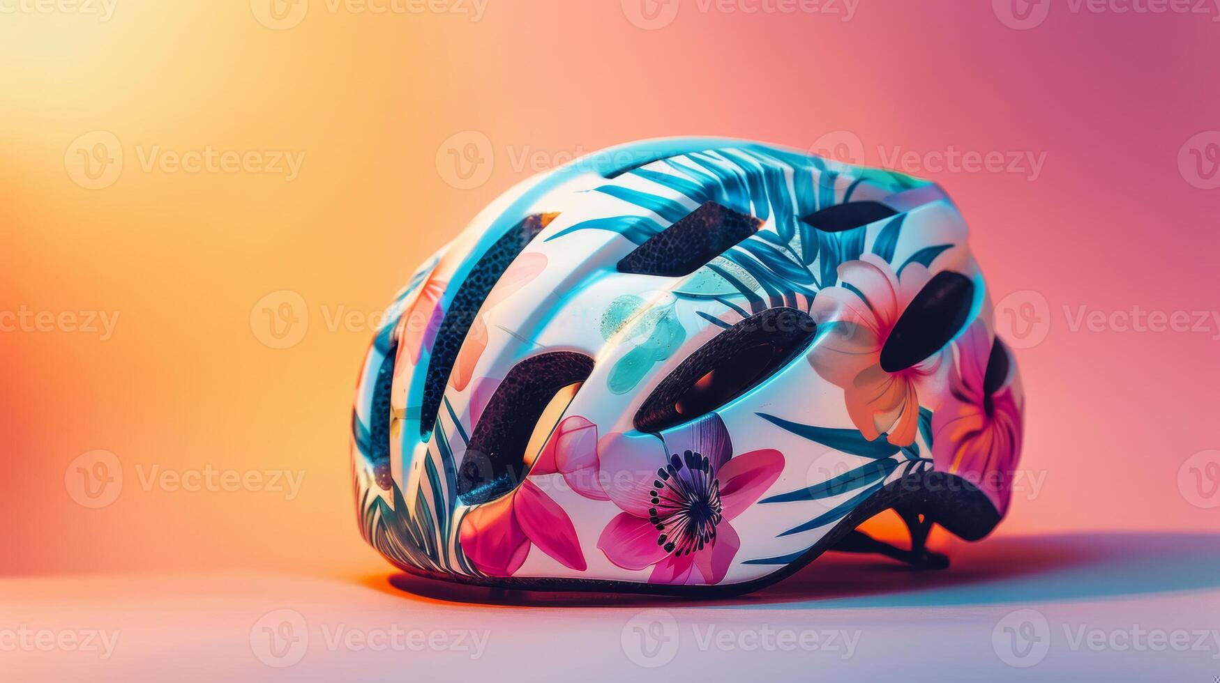 stylish bicycle helmet with floral design, isolated on a gradient background photo