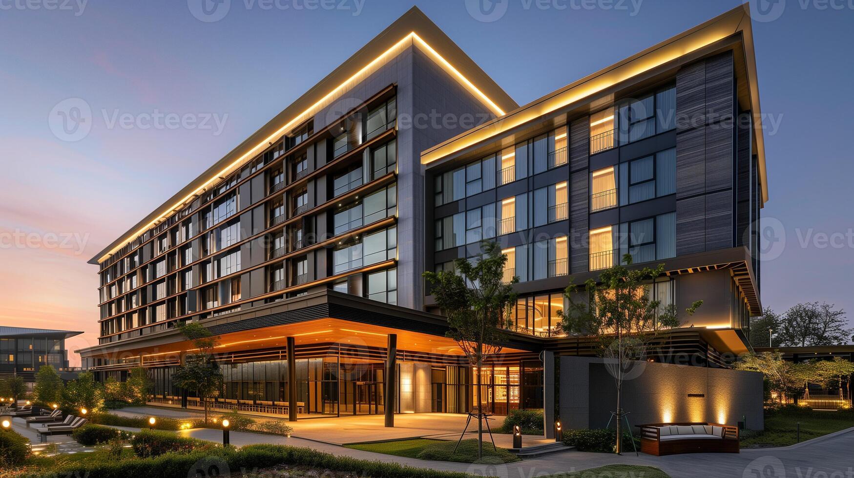 Modern hotel facade illuminated at dusk with warm lighting, landscaping, and clear skies, suitable for business travel and tourism concepts photo