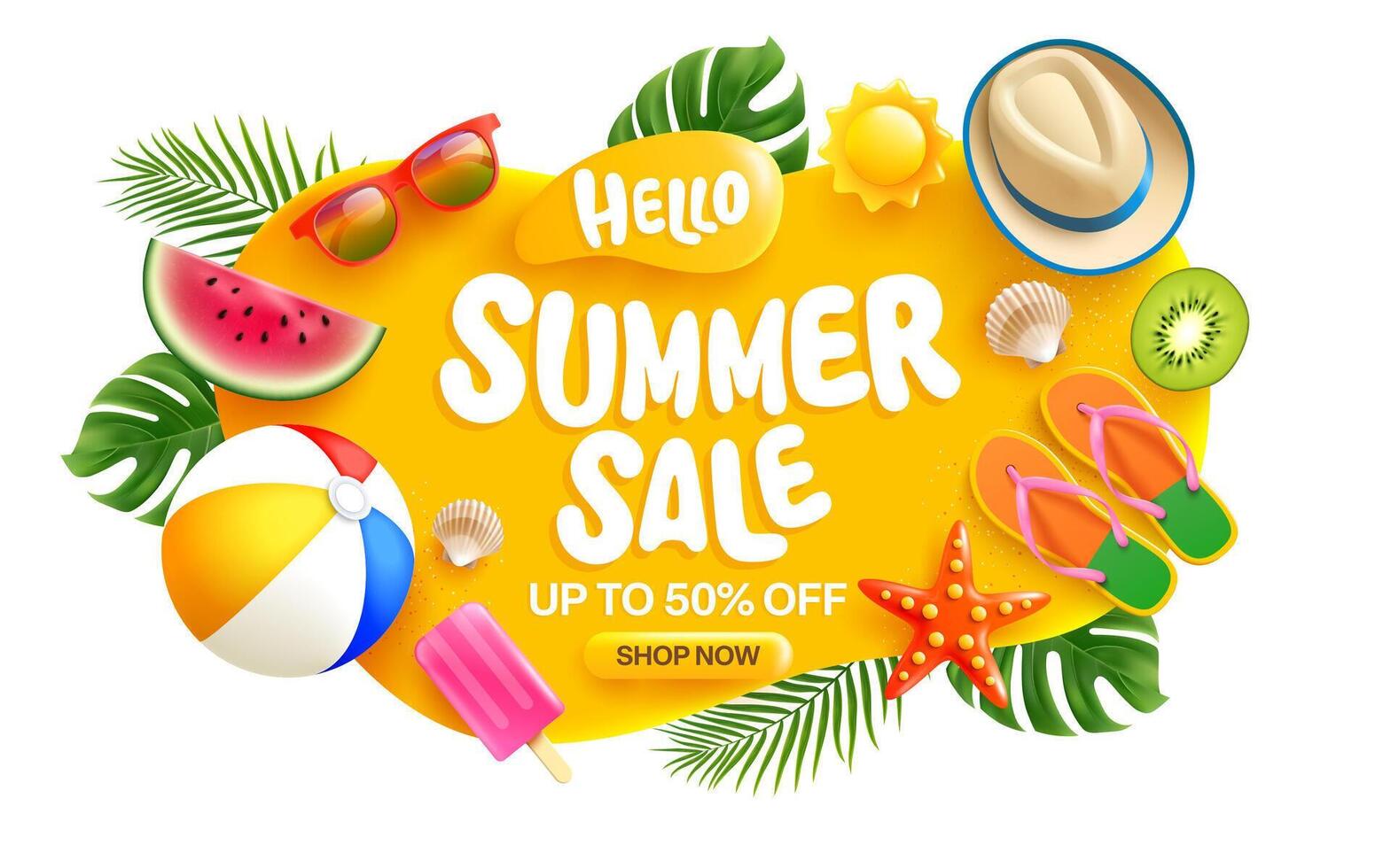 Colorful Summer Sale Banner with Sunglasses, Watermelon, Ice Cream, and Beach Ball, Vibrant Summer Sale Advertisement with Beach Accessories,Fruits and Tropical leaves vector