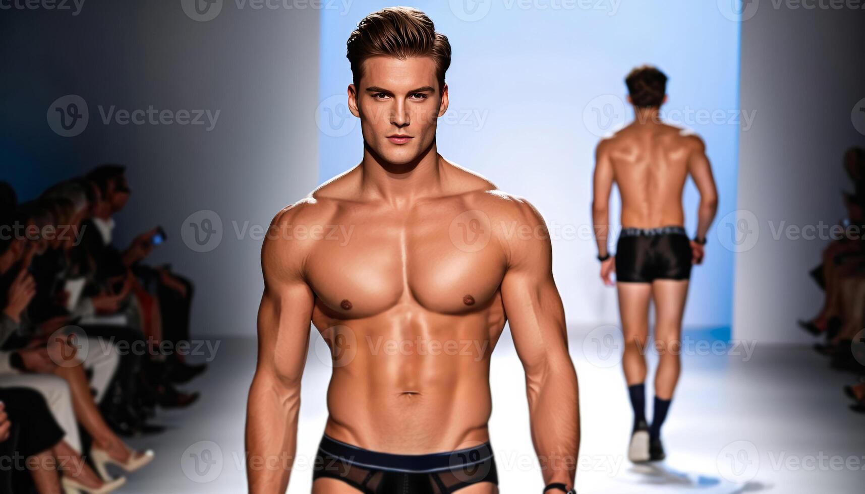 Confident caucasian male model showcasing swimwear on the runway during a fashion week event, with audience in background, suitable for lifestyle and fashion themes photo