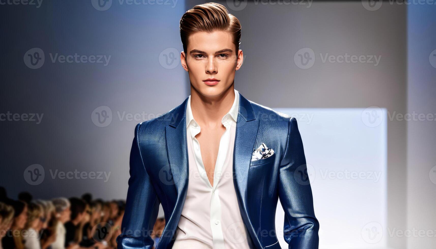 Caucasian male model strutting on a runway in a stylish blue suit, embodying fashion, elegance, and Mens Fashion Week photo