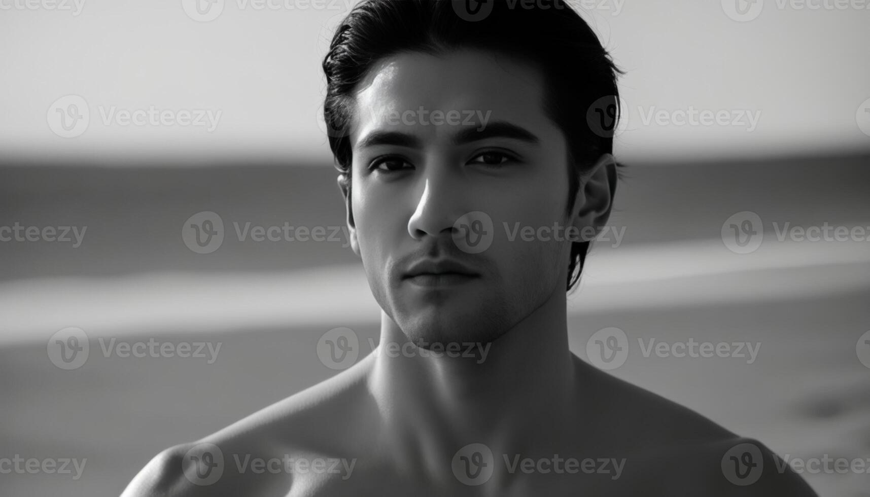 Black and white portrait of a young shirtless man with contemplative expression on a serene beach, ideal for themes of solitude and self reflection photo