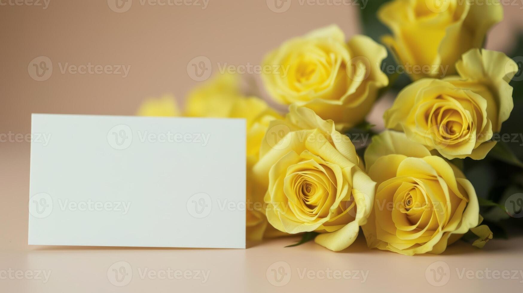 mockup of a white card beside yellow rose bouquet, soft pastel tones photo