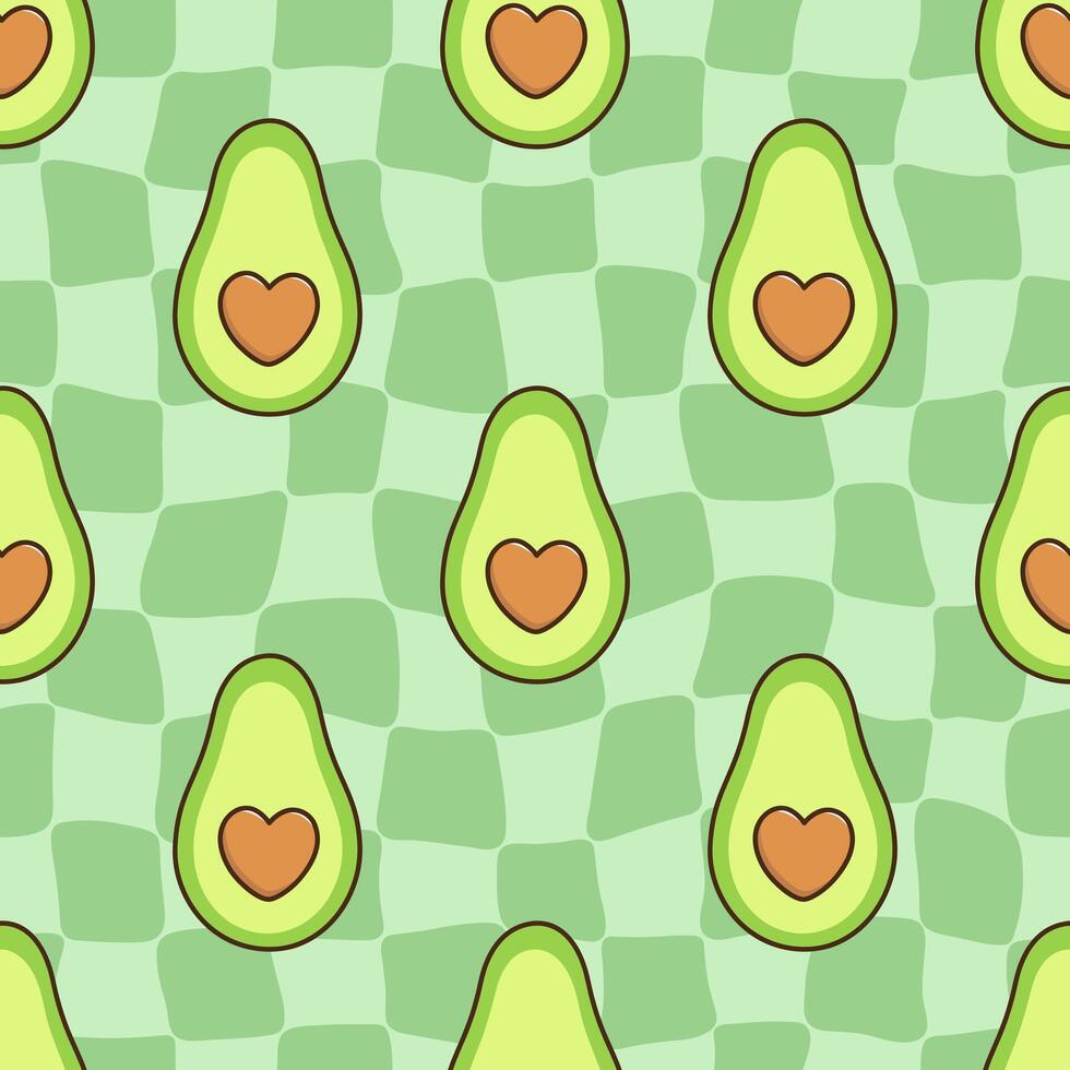 Groovy distorted chessboard background with avocado fruit and check vector