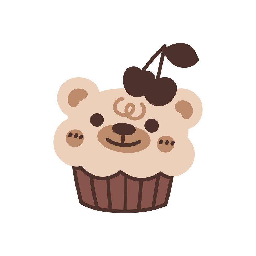 oso magdalena dulce chocolate mollete. choco postre decorado Cereza bayas vector