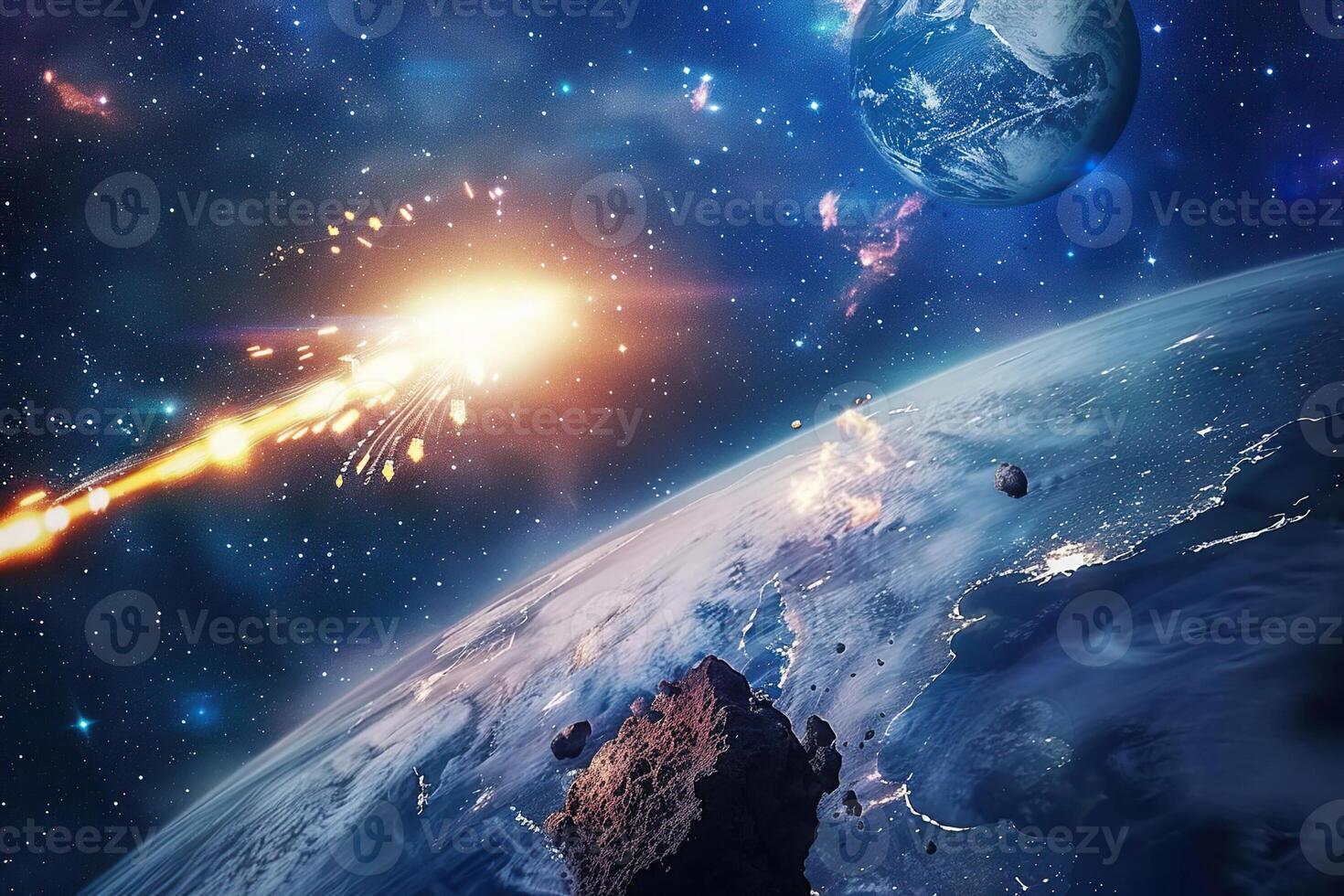 on theme of big meteorite falling to ground against starry sky in deep dark space photo
