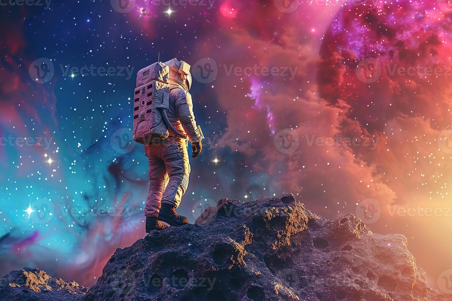 en tema de astronauta volador en cero gravedad en contra estrellado cielo en profundo oscuro espacio foto