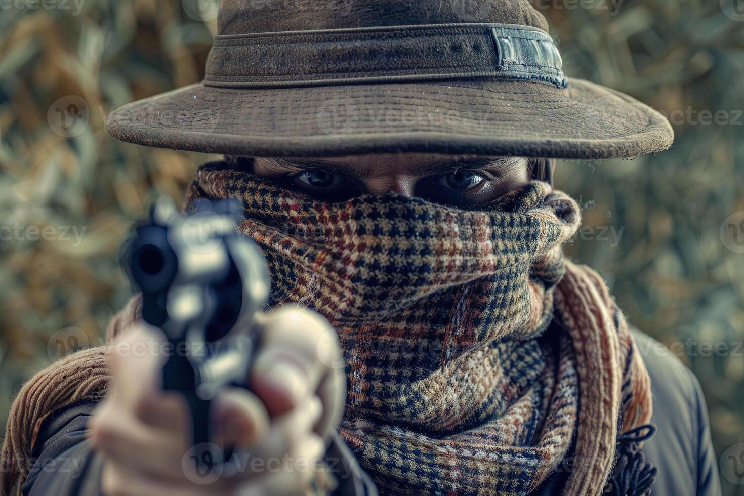 Man aims through the sight of combat metal pistol to hit the target photo