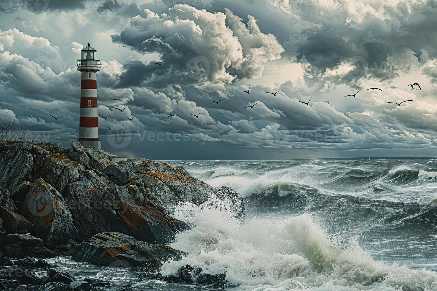 on theme of large retro lighthouse with beam of bright light shining out to blue sea photo