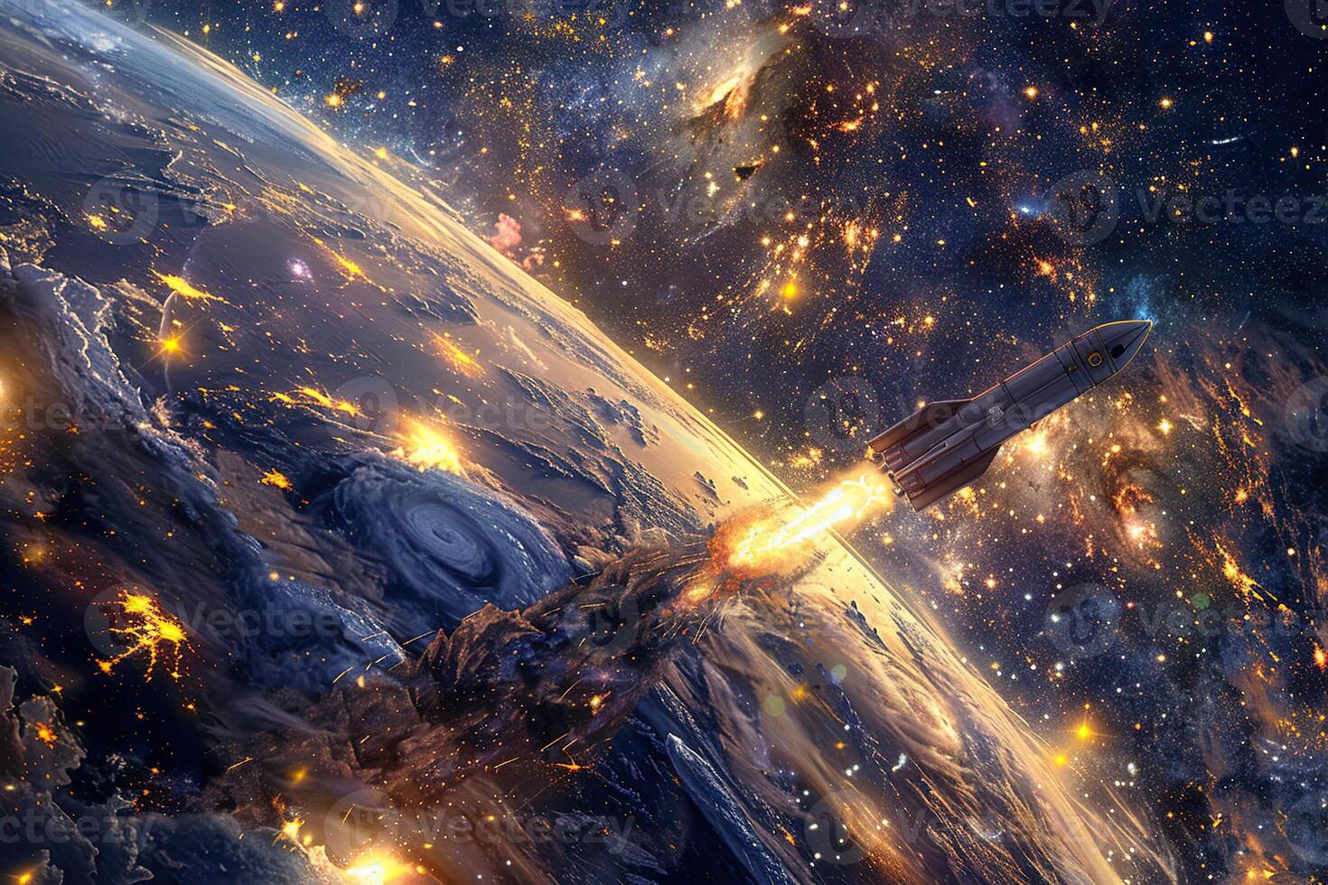on theme of beautiful space rocket in sky, bright meteorites glow in atmosphere photo