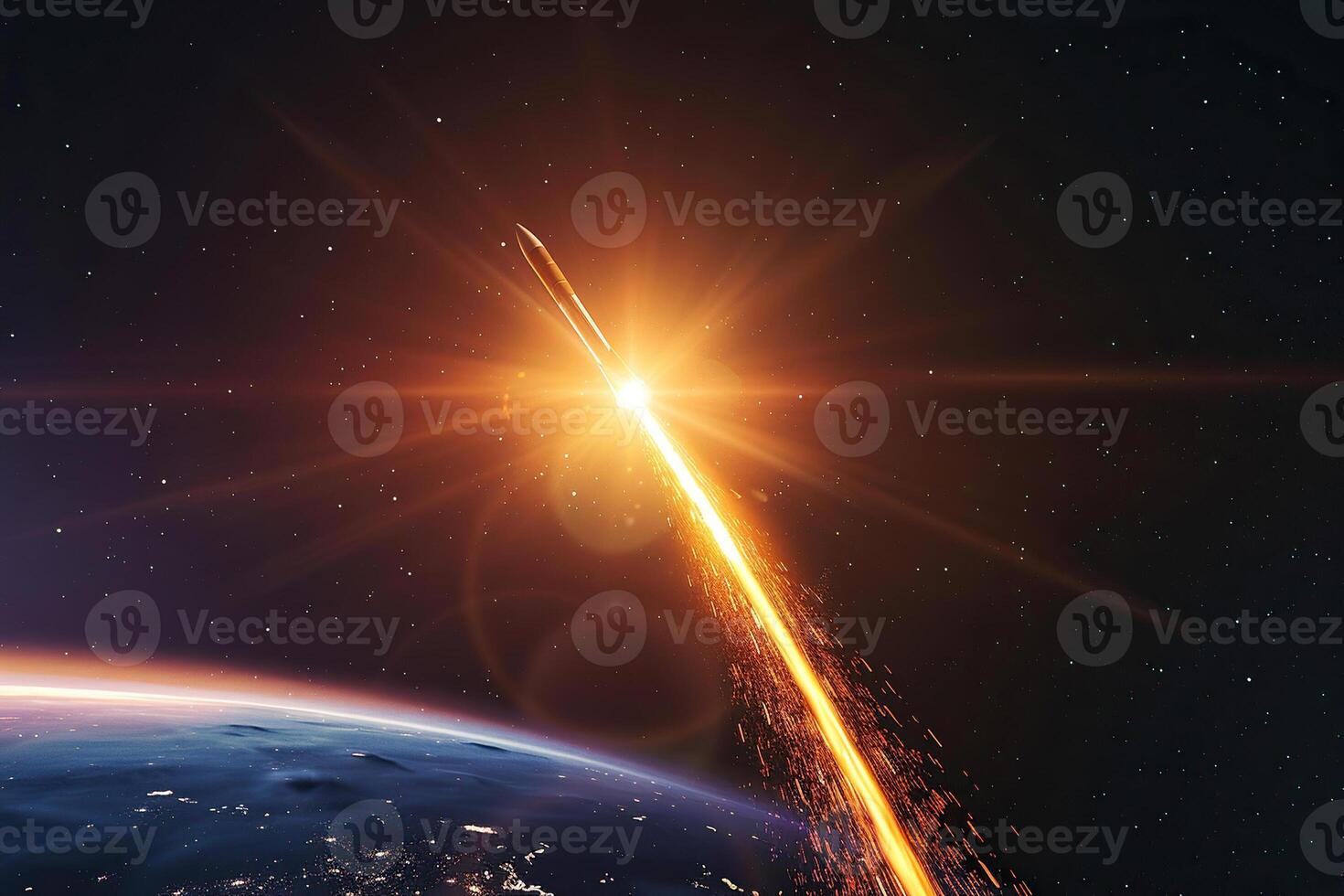 Beautiful space rocket in sky, bright meteorites glow in atmosphere photo